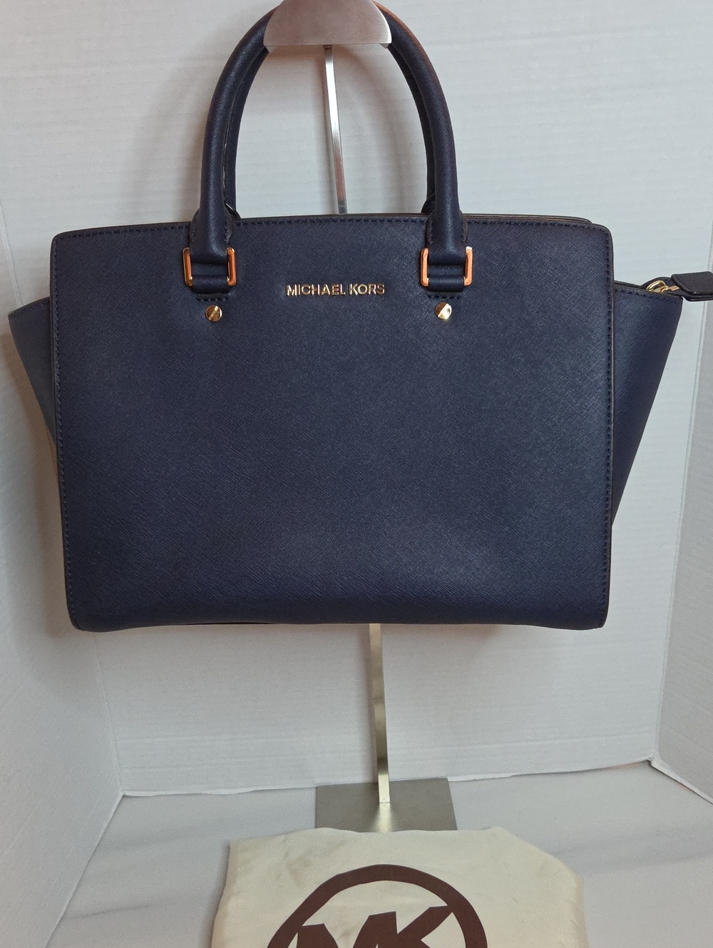 Michael Kors Navy Saffiano Satchel with Gold Hardware